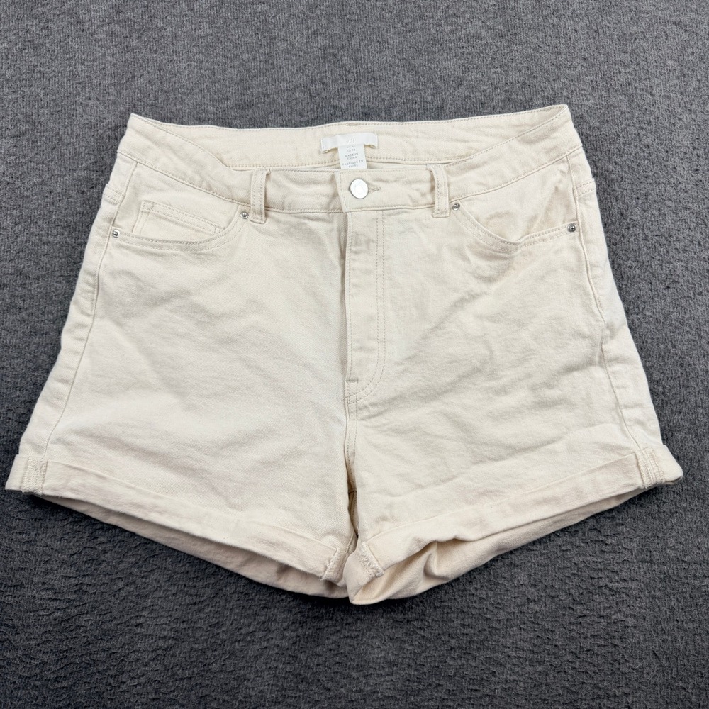 HM‎ Cream High Waisted Denim Shorts Women's Size 12 Off White Cuffed Jean Shorts